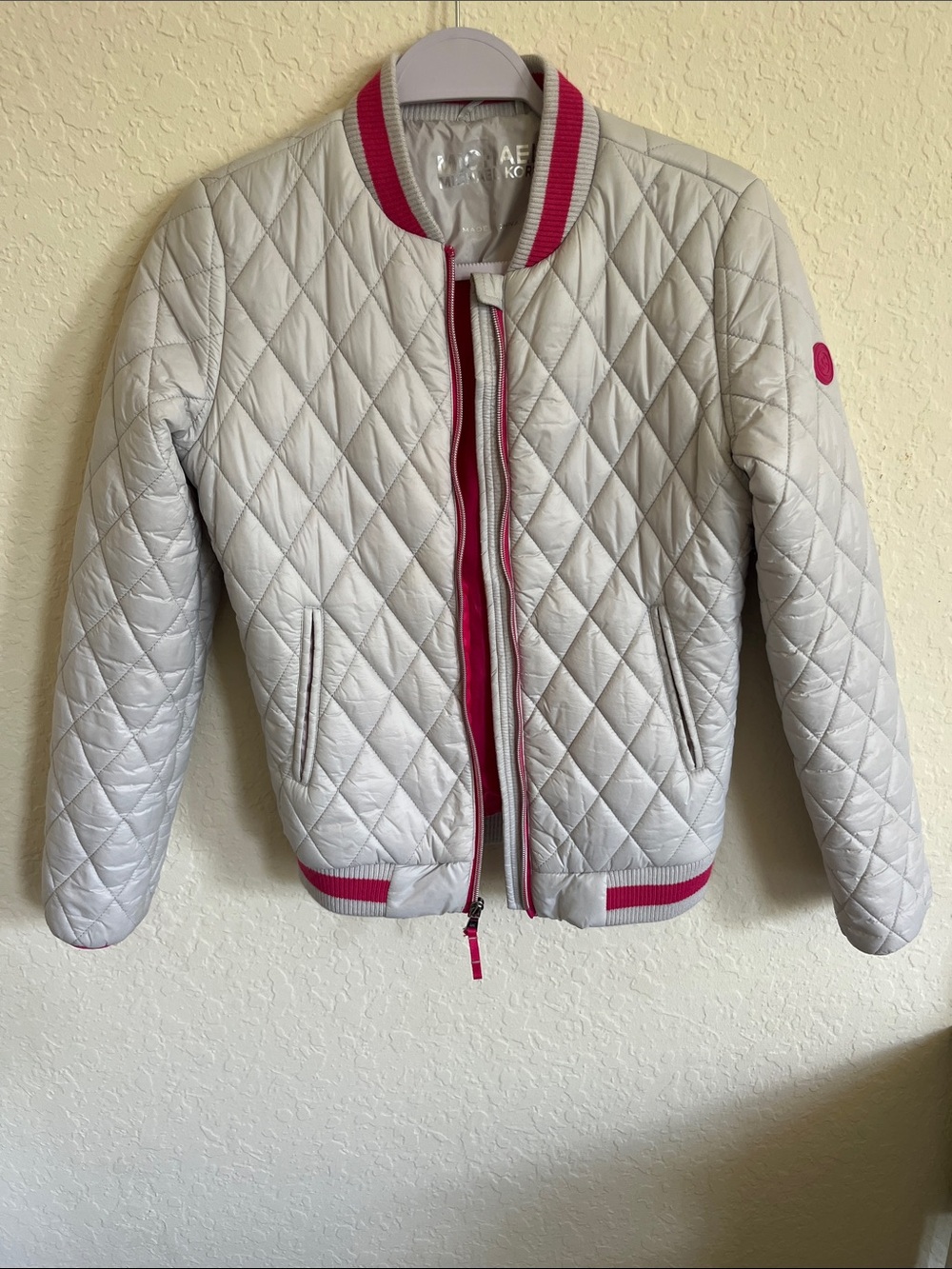 Light Gray Bomber Jacket with Pink Trim